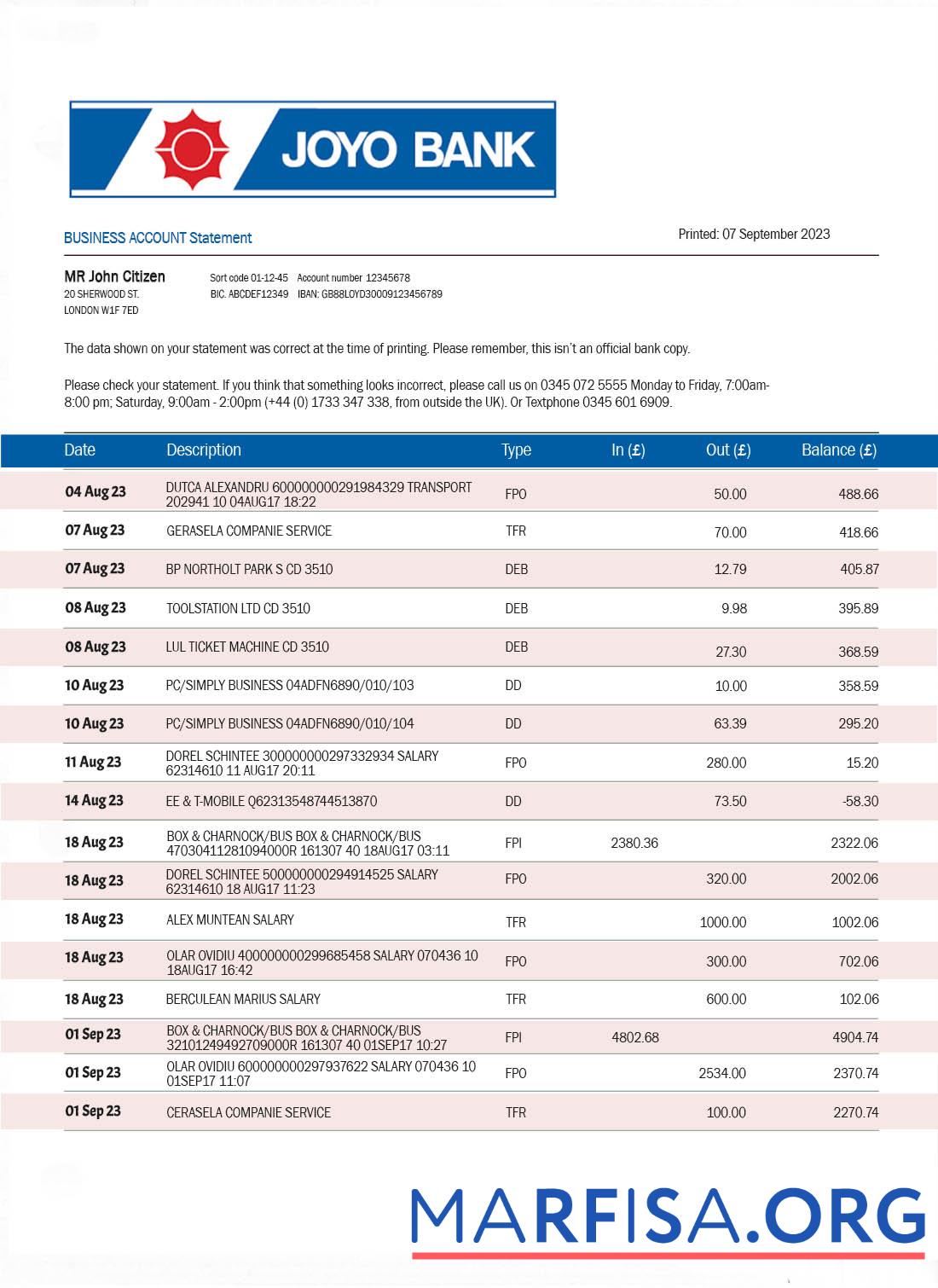 Printable Joyo Bank company checking account statement Word and PDF template